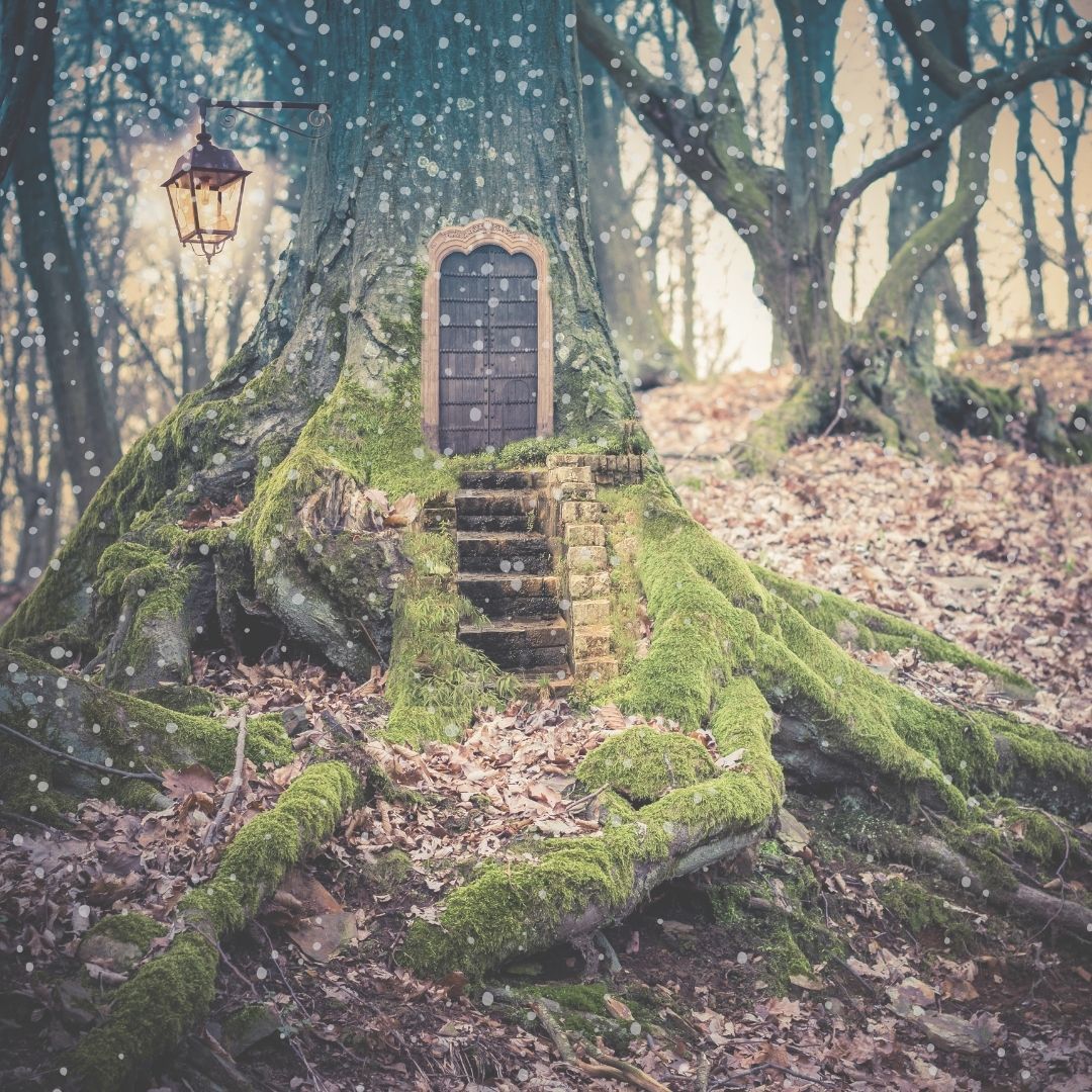 Feenwald, Baum mit Tür und Treppe